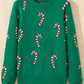 Dark Green Christmas Candy Cane Holiday Drop Shoulder Sweater