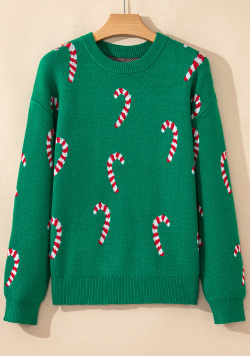 Dark Green Christmas Candy Cane Holiday Drop Shoulder Sweater