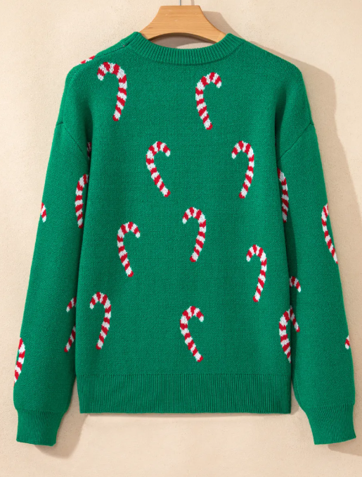 Dark Green Christmas Candy Cane Holiday Drop Shoulder Sweater