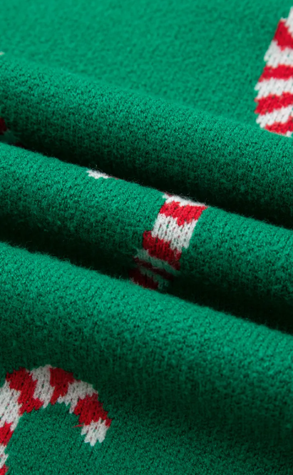 Dark Green Christmas Candy Cane Holiday Drop Shoulder Sweater