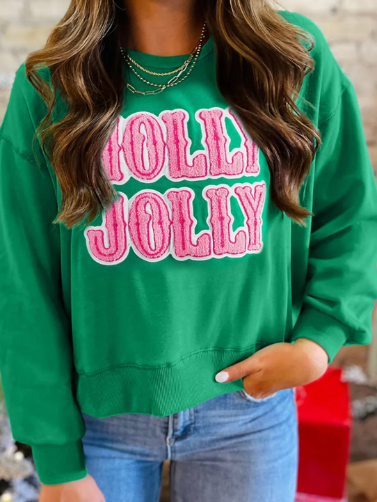 HOLLY JOLLY Towel Embroidered Christmas Holiday Sweatshirt