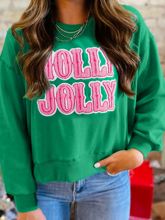 HOLLY JOLLY Towel Embroidered Christmas Holiday Sweatshirt