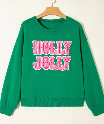 HOLLY JOLLY Towel Embroidered Christmas Holiday Sweatshirt