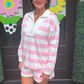 Ash Pink Stripe Patchwork Zipper Pullover Elastic Waist Shorts 2pcs Set