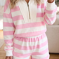 Ash Pink Stripe Patchwork Zipper Pullover Elastic Waist Shorts 2pcs Set