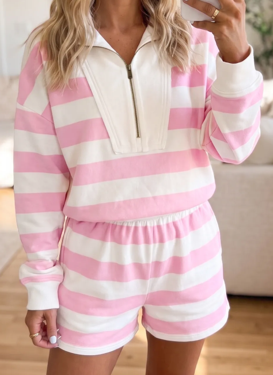 Ash Pink Stripe Patchwork Zipper Pullover Elastic Waist Shorts 2pcs Set