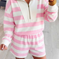 Ash Pink Stripe Patchwork Zipper Pullover Elastic Waist Shorts 2pcs Set