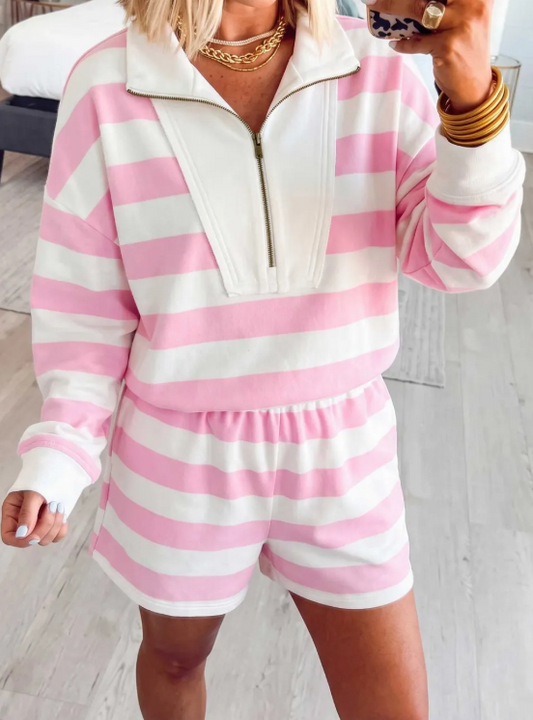 Ash Pink Stripe Patchwork Zipper Pullover Elastic Waist Shorts 2pcs Set