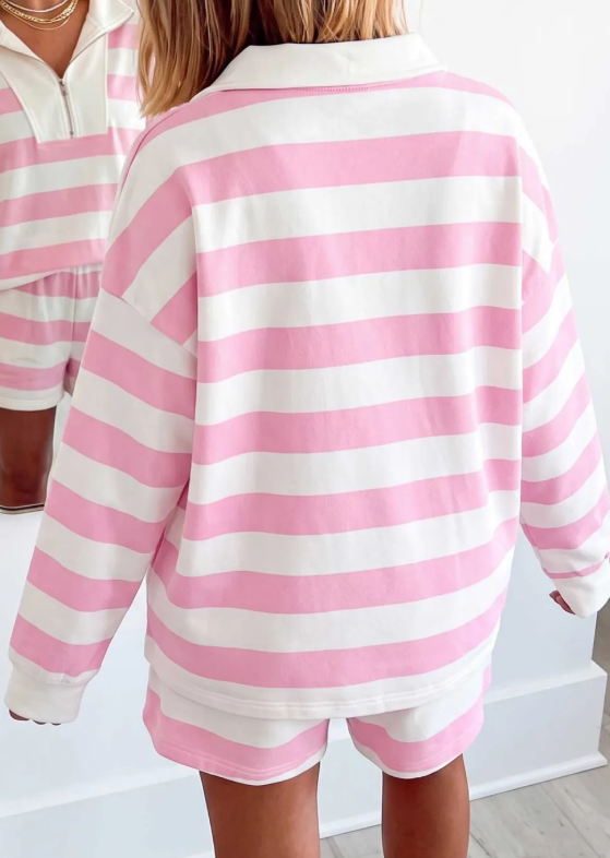 Ash Pink Stripe Patchwork Zipper Pullover Elastic Waist Shorts 2pcs Set