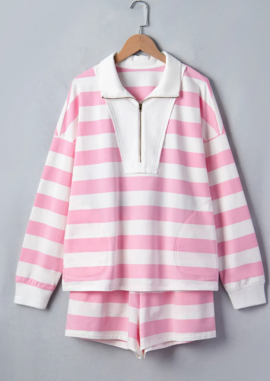 Ash Pink Stripe Patchwork Zipper Pullover Elastic Waist Shorts 2pcs Set