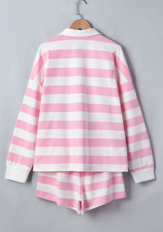 Ash Pink Stripe Patchwork Zipper Pullover Elastic Waist Shorts 2pcs Set