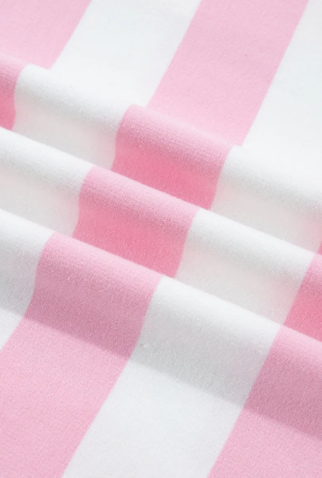Ash Pink Stripe Patchwork Zipper Pullover Elastic Waist Shorts 2pcs Set