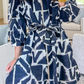 Clarke Blue Abstract Geometric Print Zip Front Tie Waist Shift Dress
