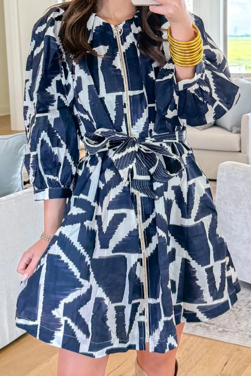 Clarke Blue Abstract Geometric Print Zip Front Tie Waist Shift Dress
