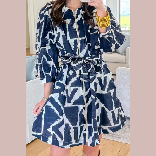 Clarke Blue Abstract Geometric Print Zip Front Tie Waist Shift Dress