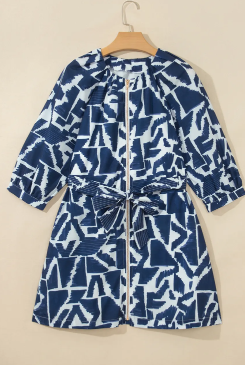 Clarke Blue Abstract Geometric Print Zip Front Tie Waist Shift Dress