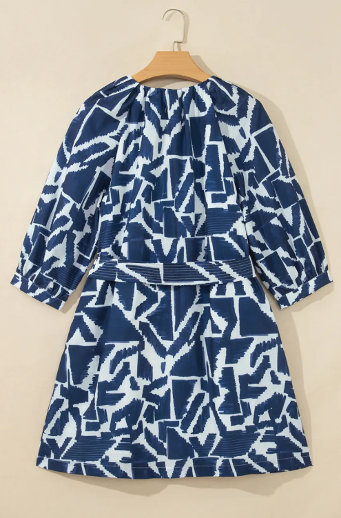 Clarke Blue Abstract Geometric Print Zip Front Tie Waist Shift Dress