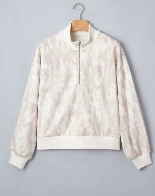 JoBeth Khaki Camouflage Print Quarter-Zip Drop Shoulder Long Sleeve Sweatshirt