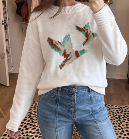 Noelle Wild Mallard Drop Shoulder Round Neck Long Sleeve Pullover Sweater