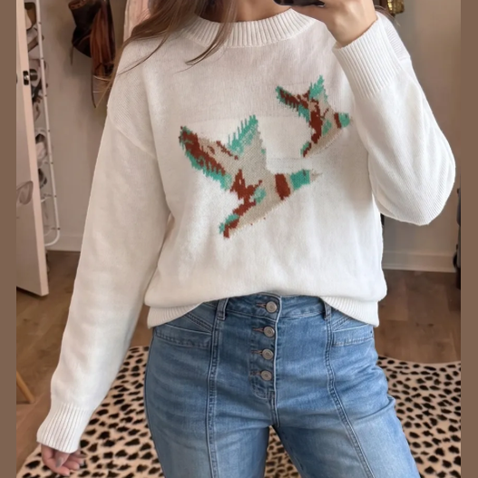 Noelle Wild Mallard Drop Shoulder Round Neck Long Sleeve Pullover Sweater