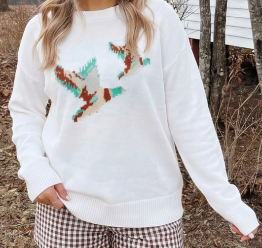 Noelle Wild Mallard Drop Shoulder Round Neck Long Sleeve Pullover Sweater