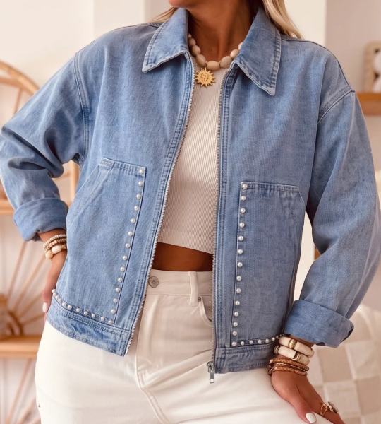 Rendell Blue Studded Metal Zipper Rivet Pockets Long Sleeve Denim Jacket
