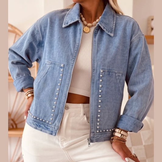 Rendell Blue Studded Metal Zipper Rivet Pockets Long Sleeve Denim Jacket