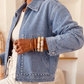 Rendell Blue Studded Metal Zipper Rivet Pockets Long Sleeve Denim Jacket