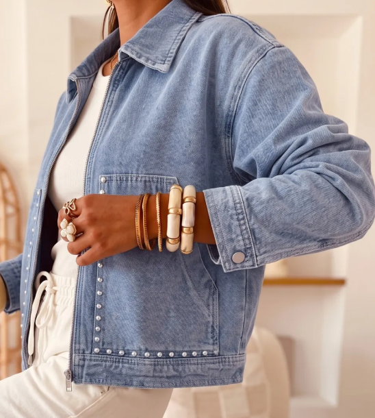 Rendell Blue Studded Metal Zipper Rivet Pockets Long Sleeve Denim Jacket