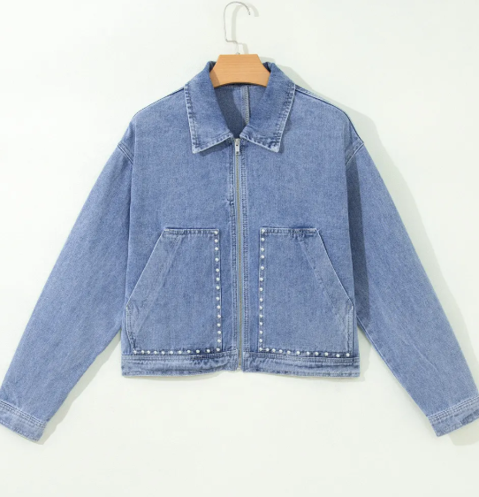 Rendell Blue Studded Metal Zipper Rivet Pockets Long Sleeve Denim Jacket