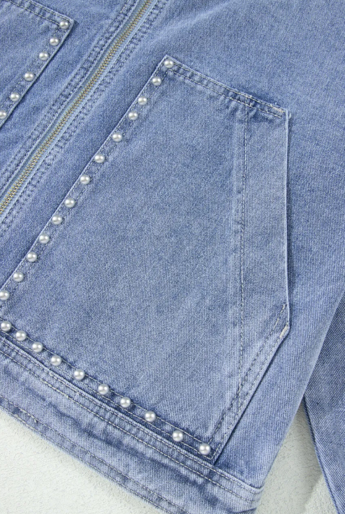 Rendell Blue Studded Metal Zipper Rivet Pockets Long Sleeve Denim Jacket