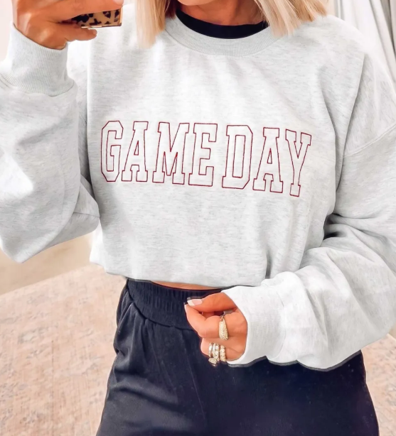 Light Grey Game Day Letter Embroidery Long Sleeve Round Neck Sweatshirt