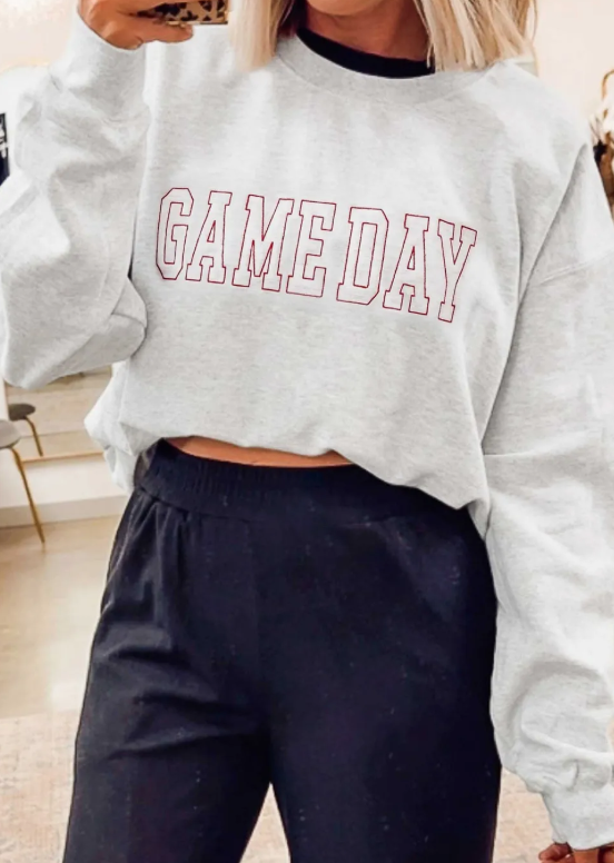 Light Grey Game Day Letter Embroidery Long Sleeve Round Neck Sweatshirt