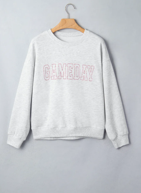 Light Grey Game Day Letter Embroidery Long Sleeve Round Neck Sweatshirt