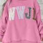 Pink WWJD Mixed Pattern Embroidered Patch Graphic Mock Neck Sweatshirt