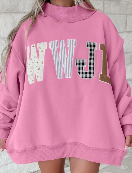 Pink WWJD Mixed Pattern Embroidered Patch Graphic Mock Neck Sweatshirt