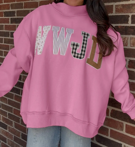 Pink WWJD Mixed Pattern Embroidered Patch Graphic Mock Neck Sweatshirt