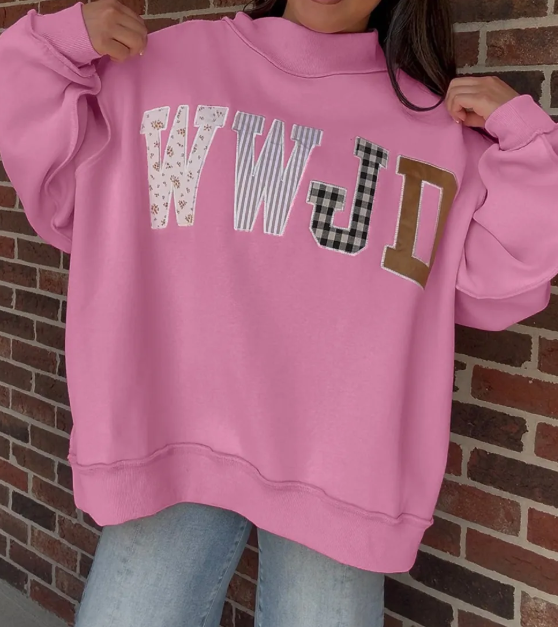 Pink WWJD Mixed Pattern Embroidered Patch Graphic Mock Neck Sweatshirt