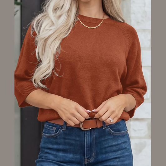 Annika Coffee Ribbed Knit Round Neck Short Sleeve Sweater