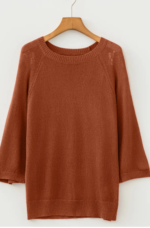 Annika Coffee Ribbed Knit Round Neck Short Sleeve Sweater