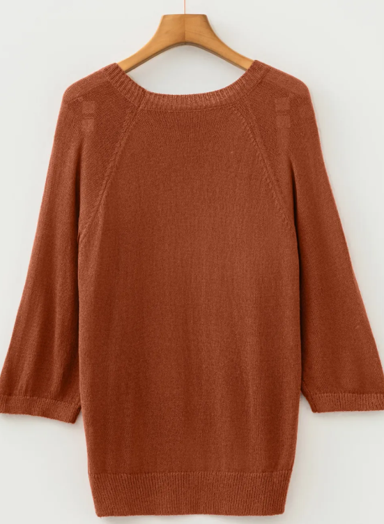 Annika Coffee Ribbed Knit Round Neck Short Sleeve Sweater