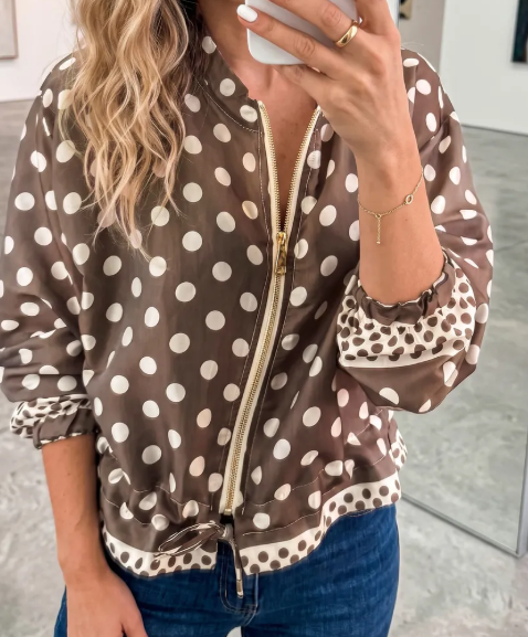 Charmaine Brown Polka Dot Contrast Detail Zip-Up Long Sleeve Shacket