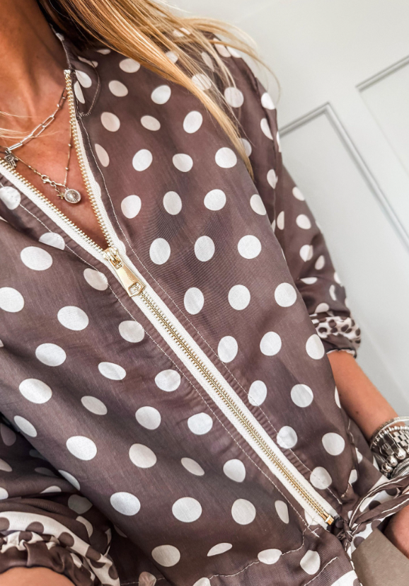 Charmaine Brown Polka Dot Contrast Detail Zip-Up Long Sleeve Shacket