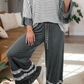 Tania Grey Stripe V Neck Ruffle Contrast Sleeve Top Drawstring Pants 2pcs Set