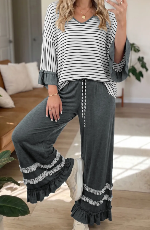 Tania Grey Stripe V Neck Ruffle Contrast Sleeve Top Drawstring Pants 2pcs Set