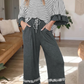 Tania Grey Stripe V Neck Ruffle Contrast Sleeve Top Drawstring Pants 2pcs Set