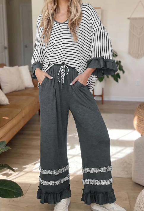 Tania Grey Stripe V Neck Ruffle Contrast Sleeve Top Drawstring Pants 2pcs Set