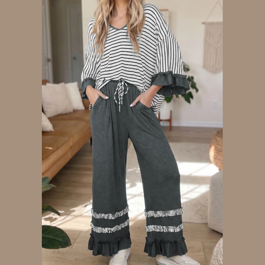 Tania Grey Stripe V Neck Ruffle Contrast Sleeve Top Drawstring Pants 2pcs Set