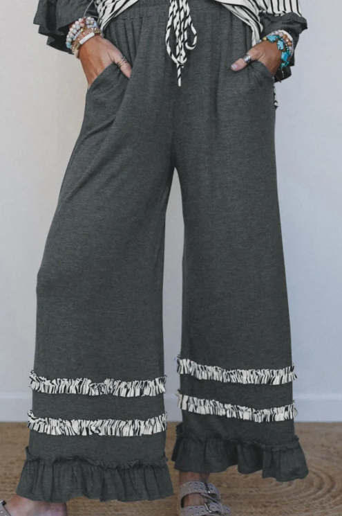 Tania Grey Stripe V Neck Ruffle Contrast Sleeve Top Drawstring Pants 2pcs Set