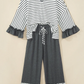 Tania Grey Stripe V Neck Ruffle Contrast Sleeve Top Drawstring Pants 2pcs Set